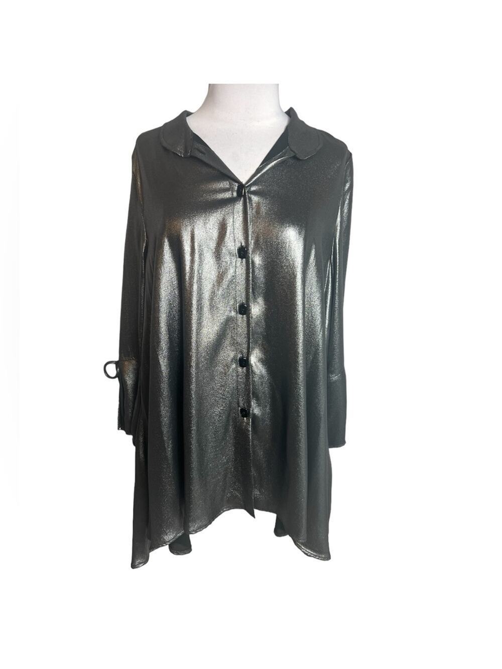 NWT IC by Connie K Metallic tie sleeve ruffle button down top Sz M